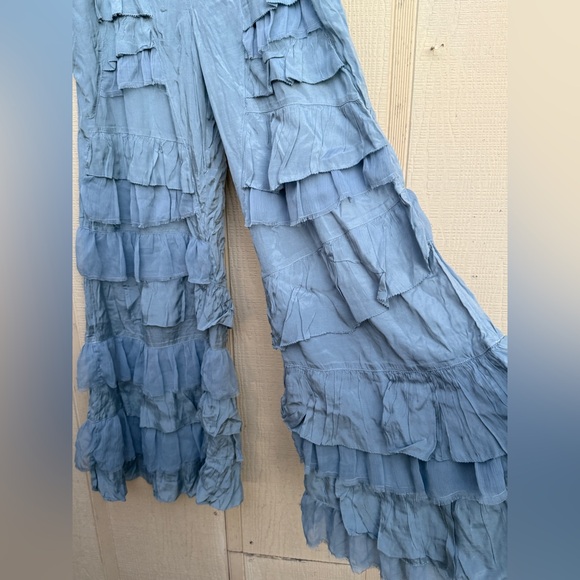 Free People Rock And Frill Tiered Ruffle Trouser Frayed Pants Autumn Sky Blue - Picture 4 of 7